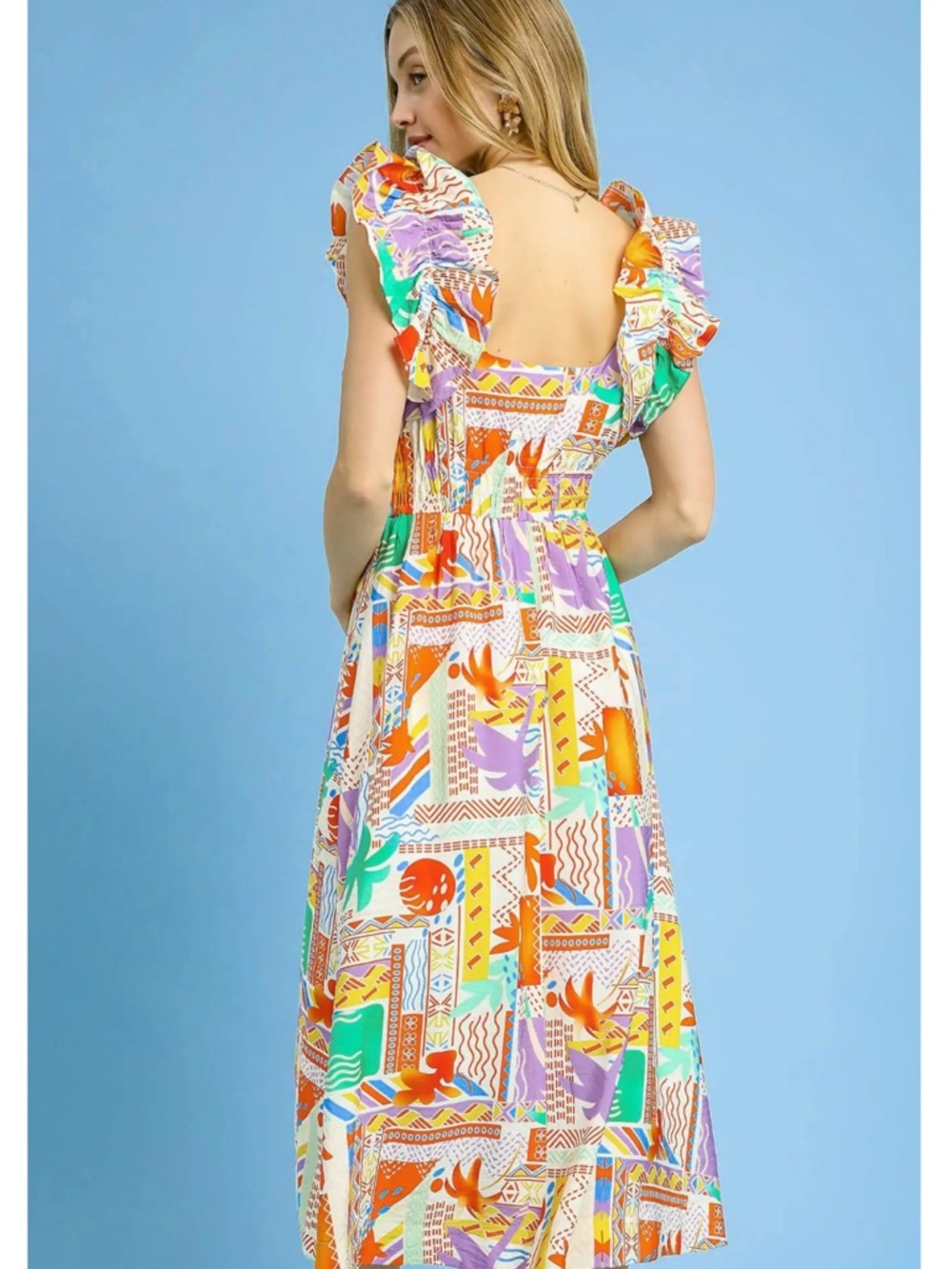 Umgee Tropical Patchwork Ruffle Midi Dress - Picture 5 of 5